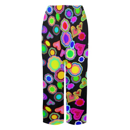 Groovy Hearts and Flowers Black Women's Pajama Trousers without Pockets