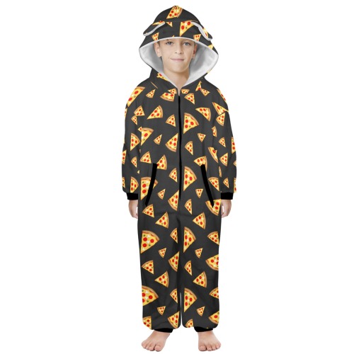 Cool and fun pizza slices dark gray pattern One-Piece Zip Up Hooded Pajamas for Big Kids