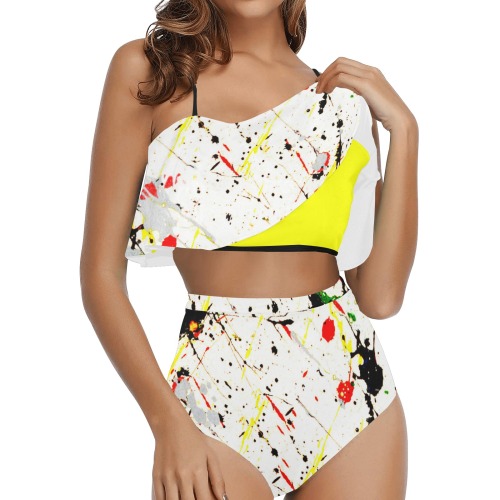 Yellow & Black Paint Splatter - Yellow High Waisted Ruffle Bikini Set (Model S13)