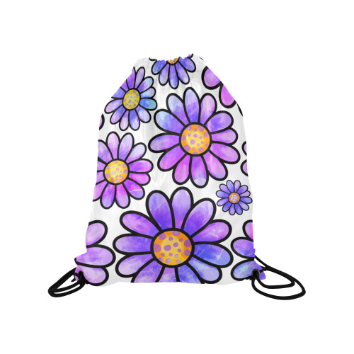 Lilac Watercolor Doodle Daisy Flower Pattern Medium Drawstring Bag Model 1604 (Twin Sides) 13.8"(W) * 18.1"(H)