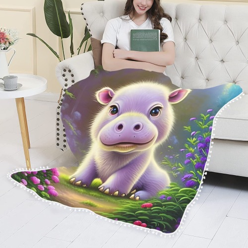 Baby Hippo Pom Pom Fringe Blanket 60"x80"