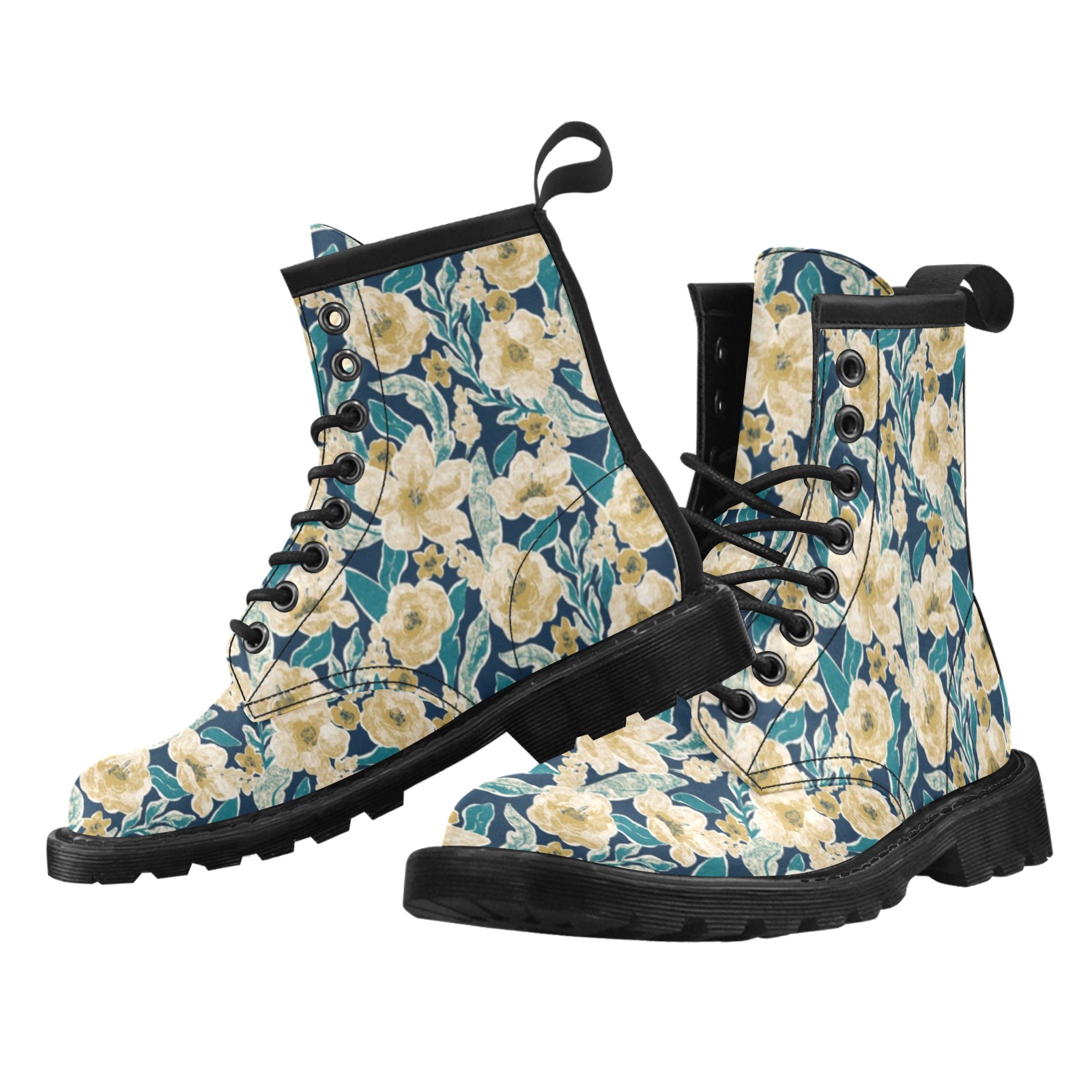 Painted Flowers Women's PU Leather Martin Boots (Model 402H)