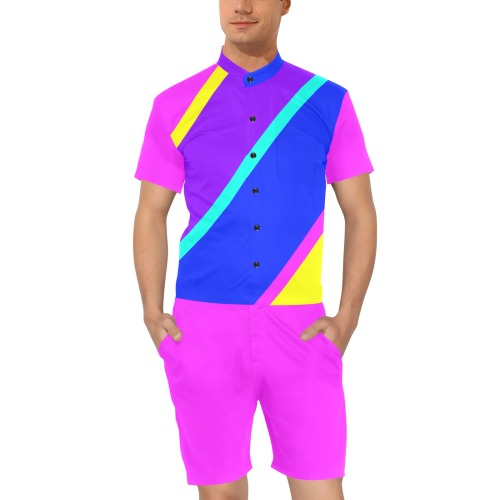Bright Neon Colors Diagonal Pink Men's Short Sleeve Jumpsuit