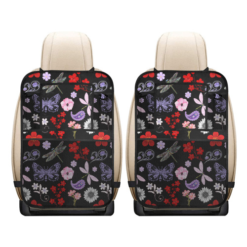 Black, Red, Pink, Purple, Dragonflies, Butterfly and Flowers Design Car Seat Back Organizer (2-Pack)