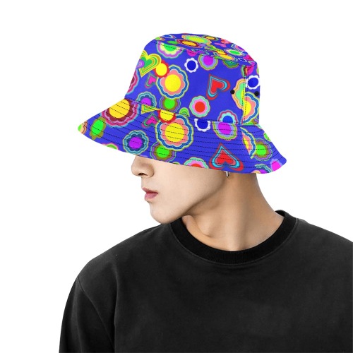 Groovy Hearts and Flowers Blue All Over Print Bucket Hat for Men