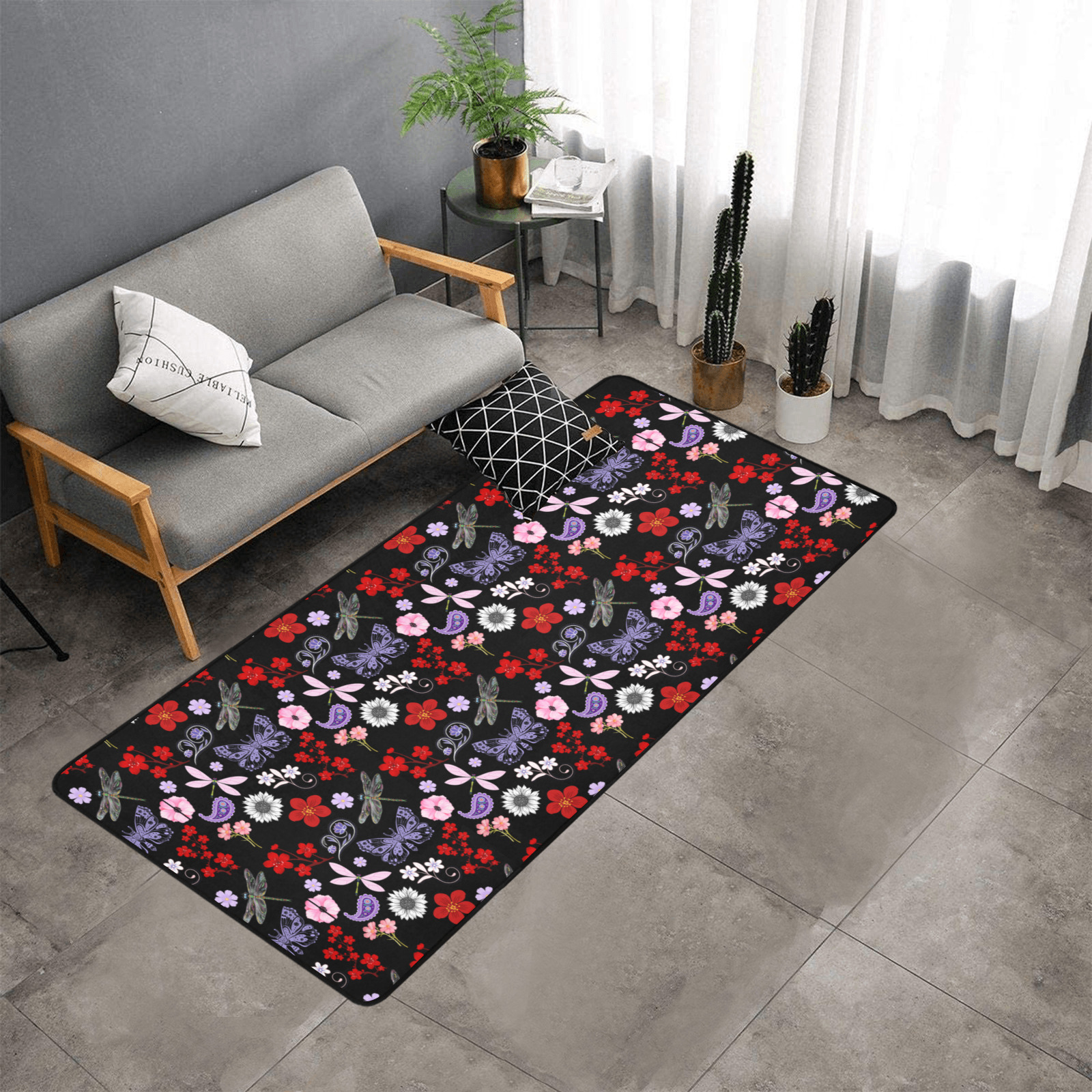 Black, Red, Pink, Purple, Dragonflies, Butterfly and Flowers Design Area Rug with Black Binding  7'x3'3''