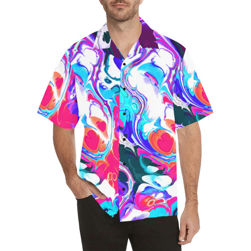 Blue White Pink Liquid Flowing Marbled Ink Abstract Hawaiian Shirt (Model T58)