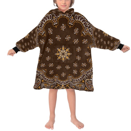 Brown Bandanna Pattern  / Black Cuff Blanket Hoodie for Kids