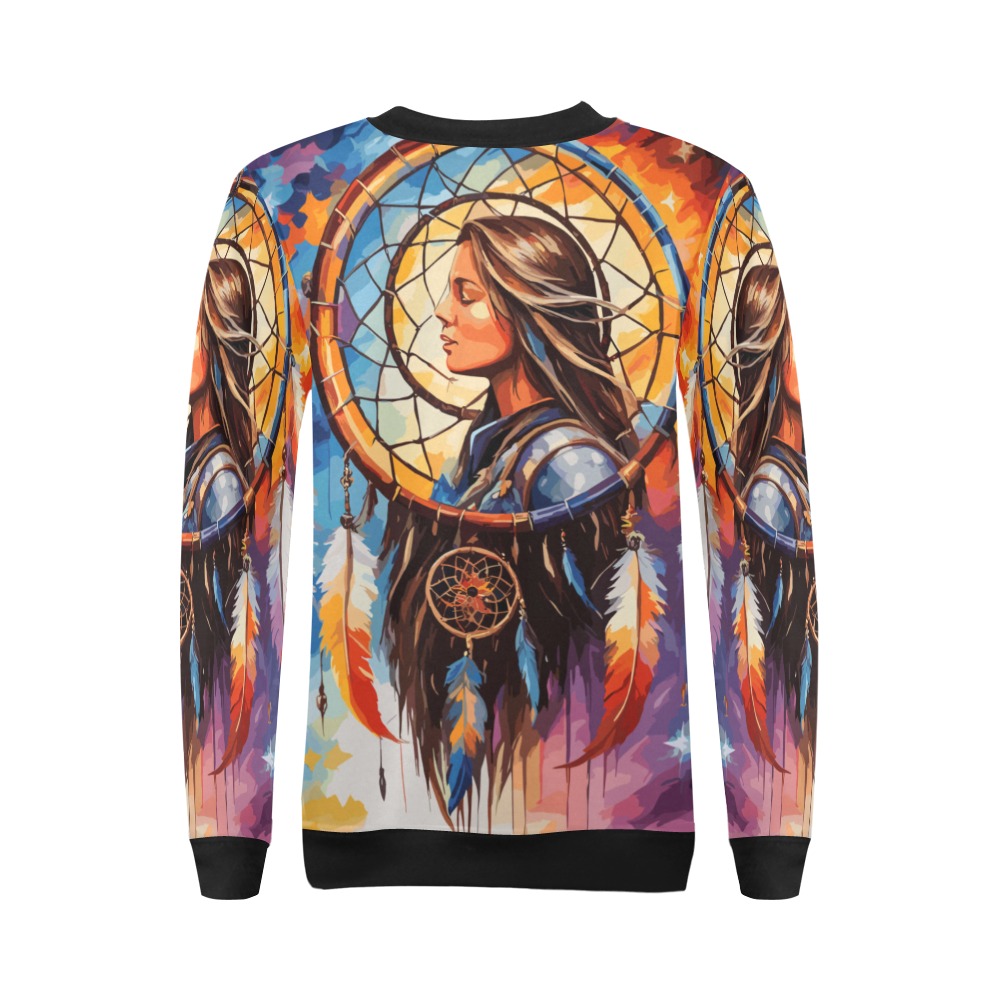 Dreaming woman inside a dreamcatcher colorful art. All Over Print Crewneck Sweatshirt for Women (Model H18)