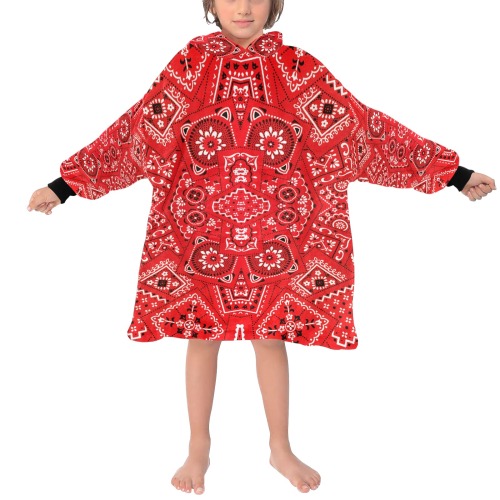 Red Bandana Squares Black Cuff Blanket Hoodie for Kids