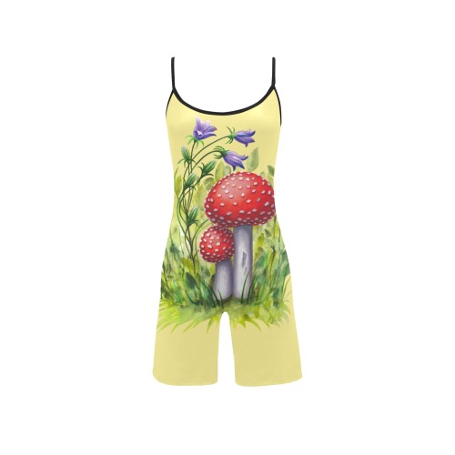 Red Mushroom Violet Flower Floral Watercolors on yellow Women's Short Yoga Bodysuit