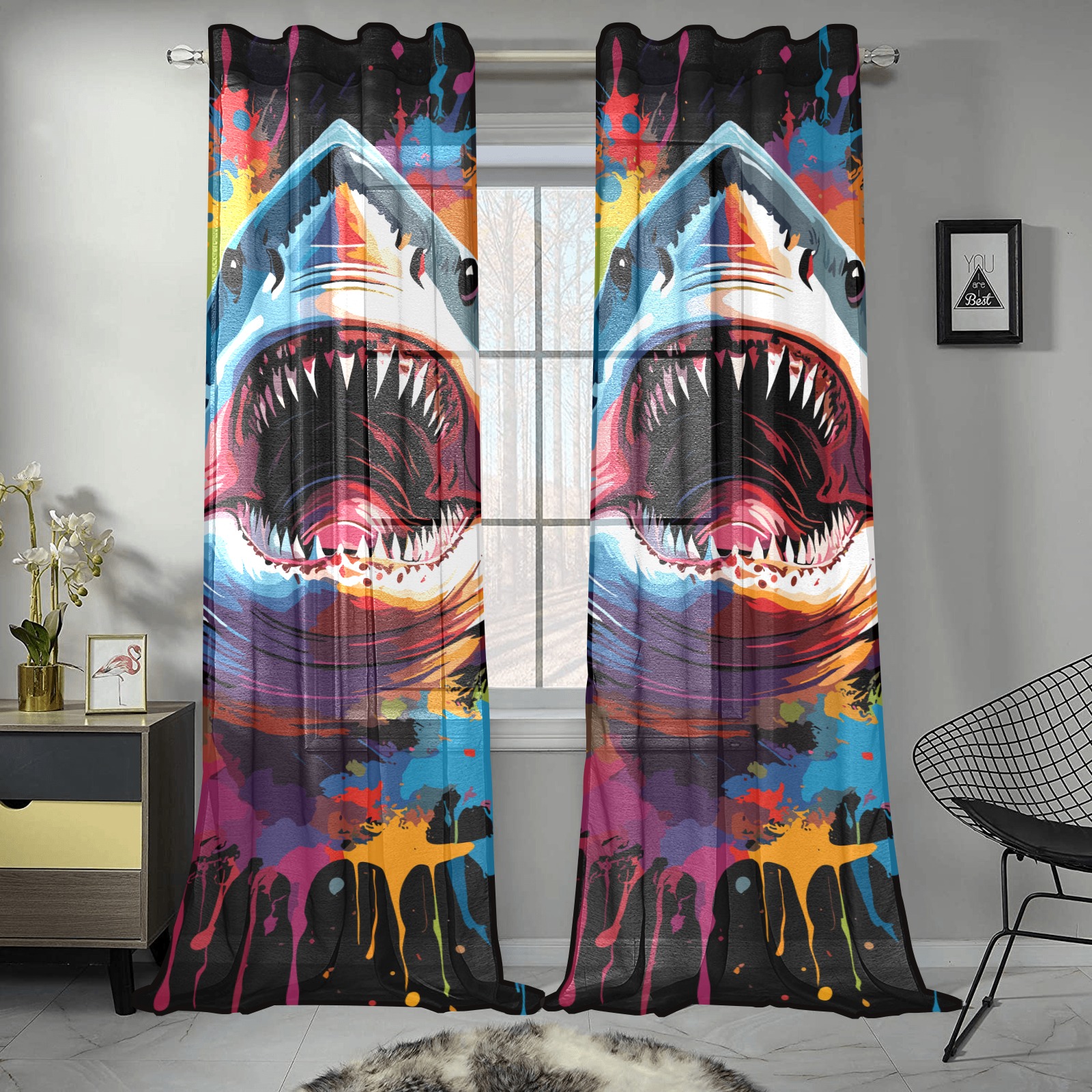 Shark attacks. Chic colorful fantasy art on dark Gauze Curtain 28"x95" (Two-Piece)