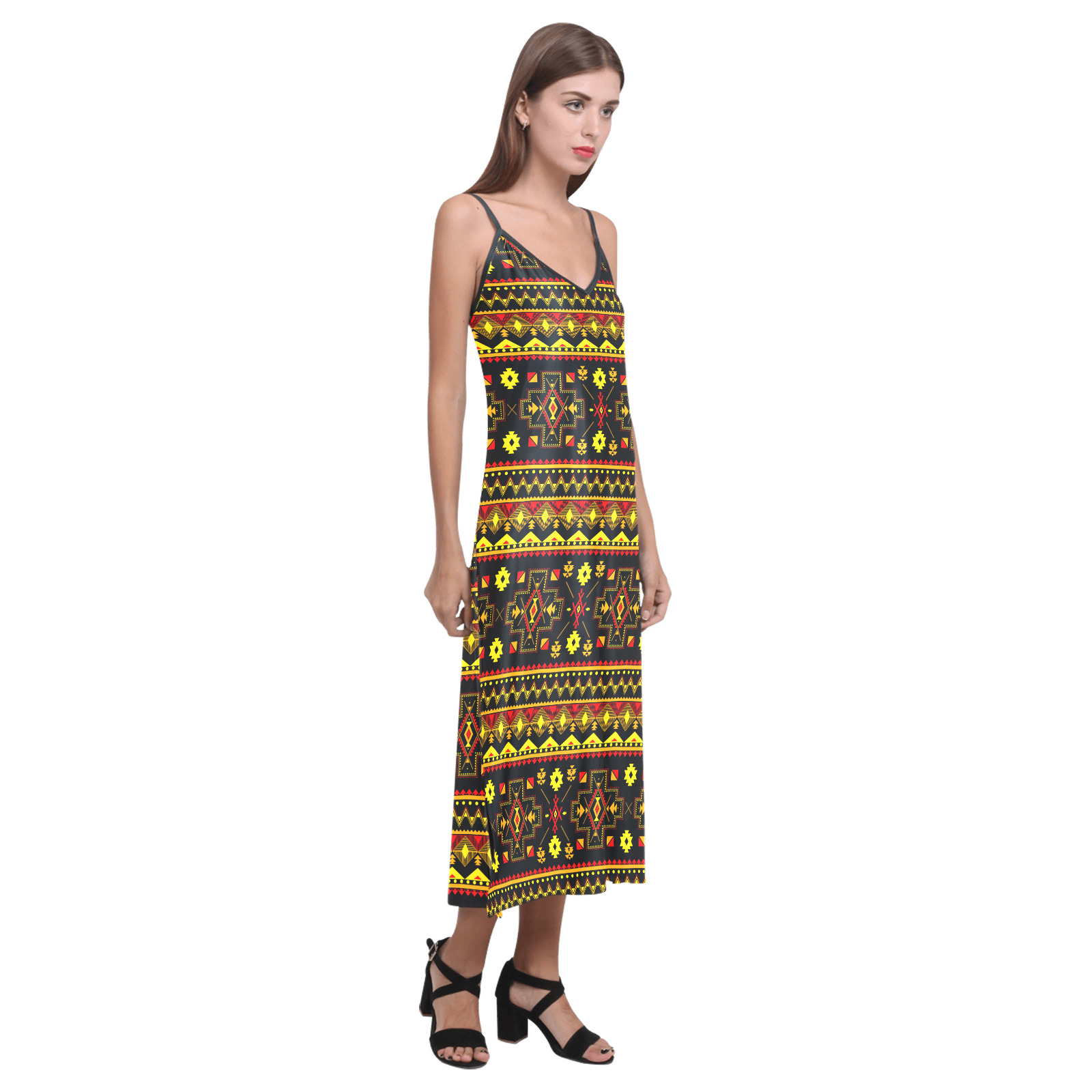 Aboriginal Ethnic Tribal Pattern V-Neck Open Fork Long Dress(Model D18)