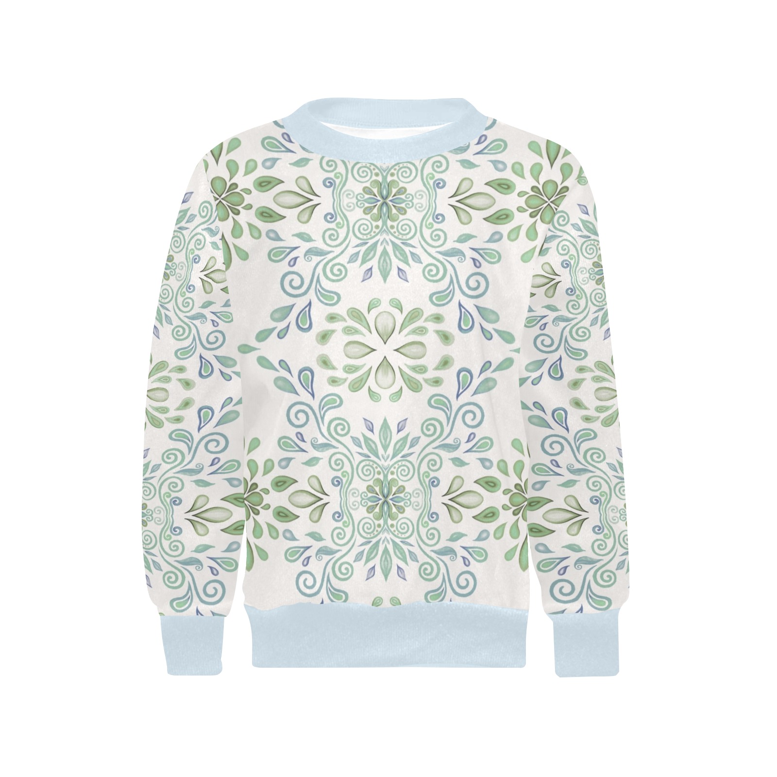 Blue and Green watercolor pattern on blue Girls' All Over Print Crew Neck Sweater (Model H49)