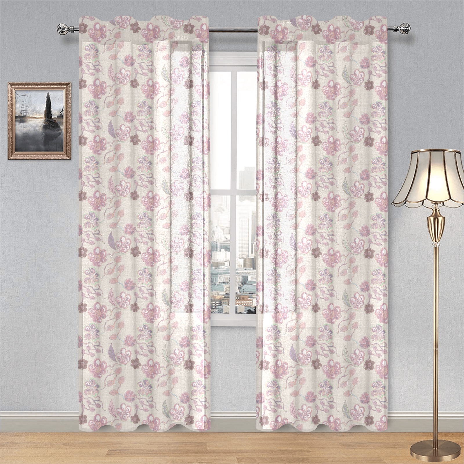 Unique Soft Beige Floral Vintage Gauze Curtain 28"x84" (Two-Piece)