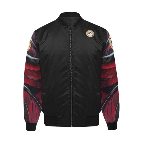 black bomber with striped red and black sleeve's All Over Print Quilted Bomber Jacket for Men (Model H33)