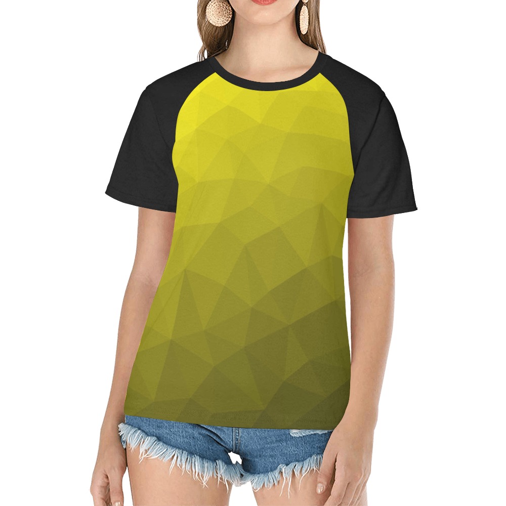 Yellow gradient geometric mesh pattern Women's Raglan T-Shirt/Front Printing (Model T62)