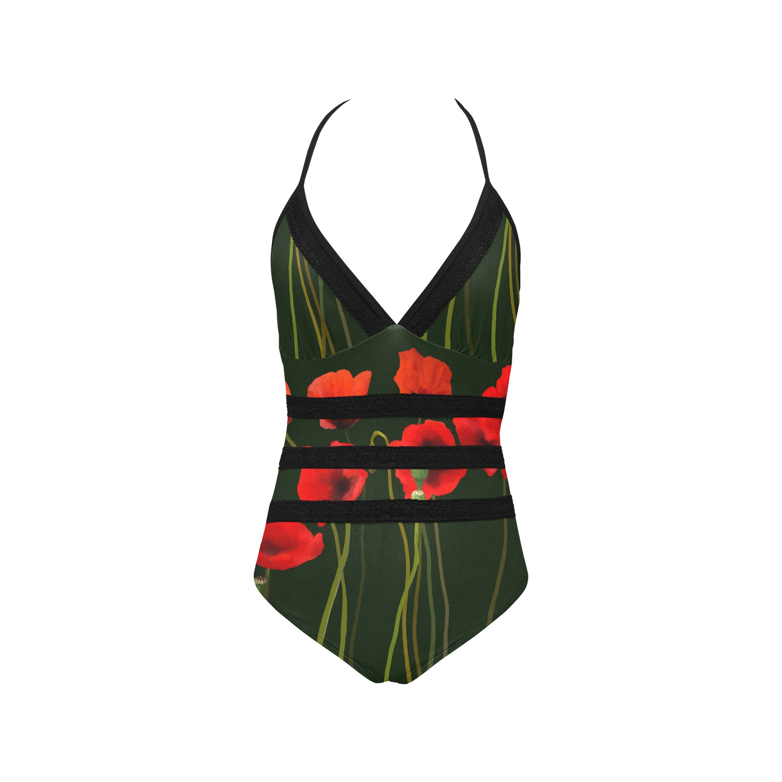 Poppies Floral Design on dark green Papaver somniferum Lace Band Embossing Swimsuit (Model S15)