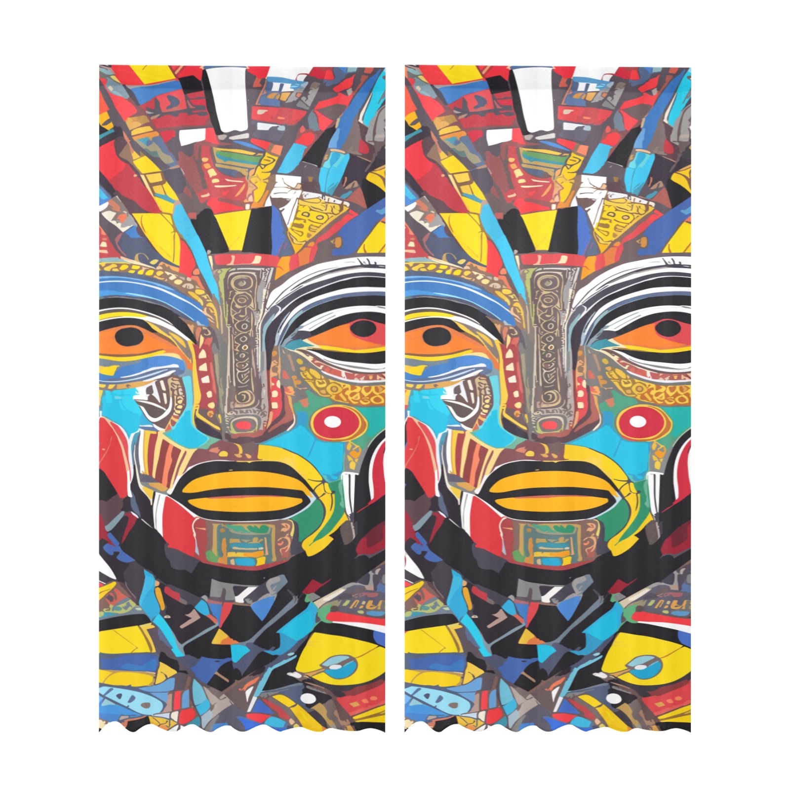 Beautiful abstract art. Colorful African mask. Gauze Curtain 28"x95" (Two-Piece)