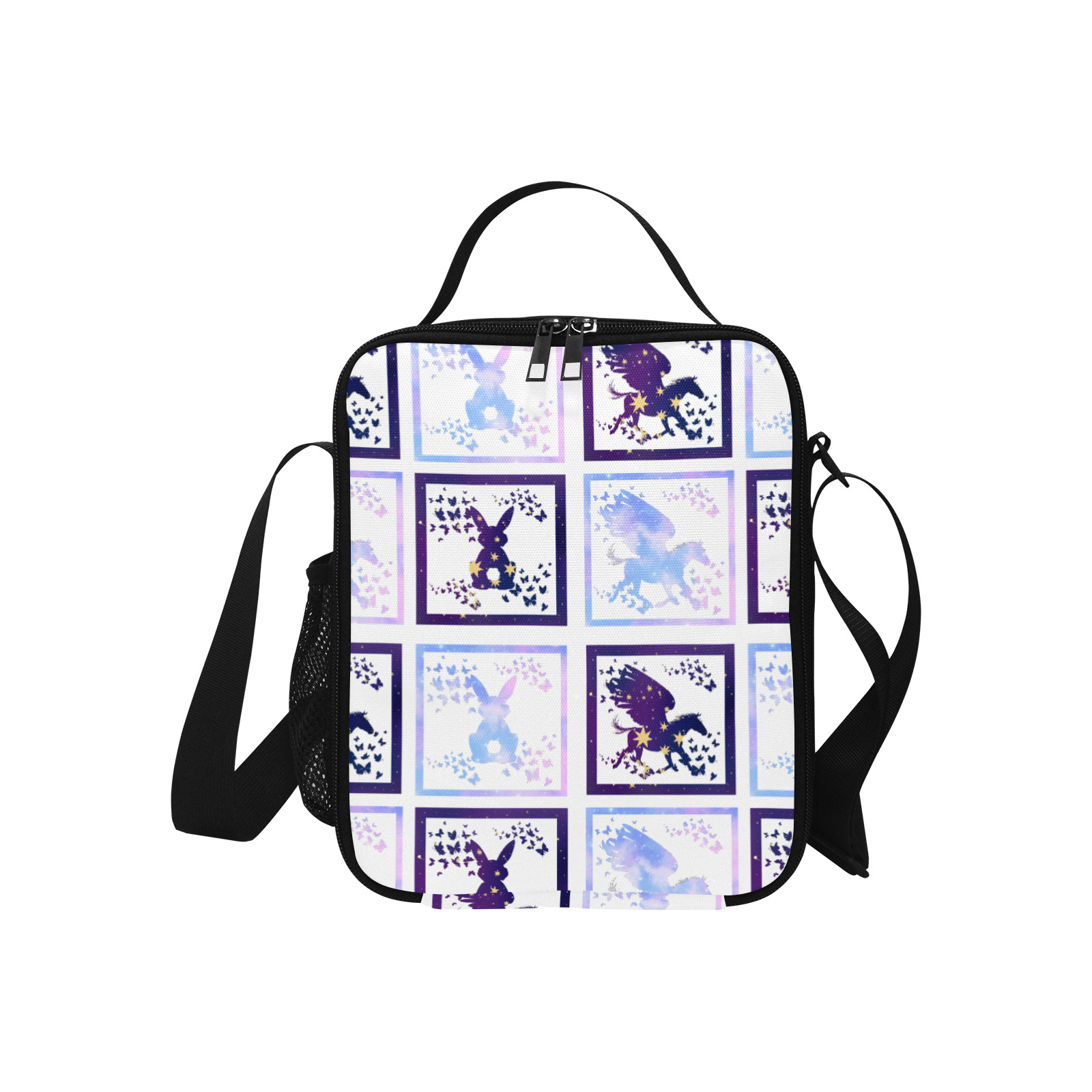 Bunny and Pegasus Together in Blue Patchwork Design All Over Print Crossbody Lunch Bag for Kids (Model 1722)