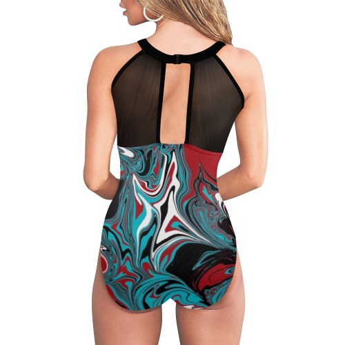 Dark Wave of Colors Women's High Neck Plunge Mesh Ruched Swimsuit (S43)