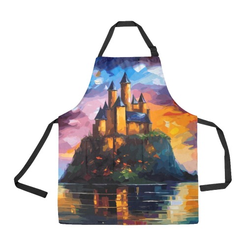 Medieval castle on a small island at sunset art. All Over Print Apron