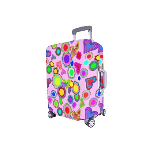 Groovy Hearts and Flowers Pink Luggage Cover/Small 18"-21"