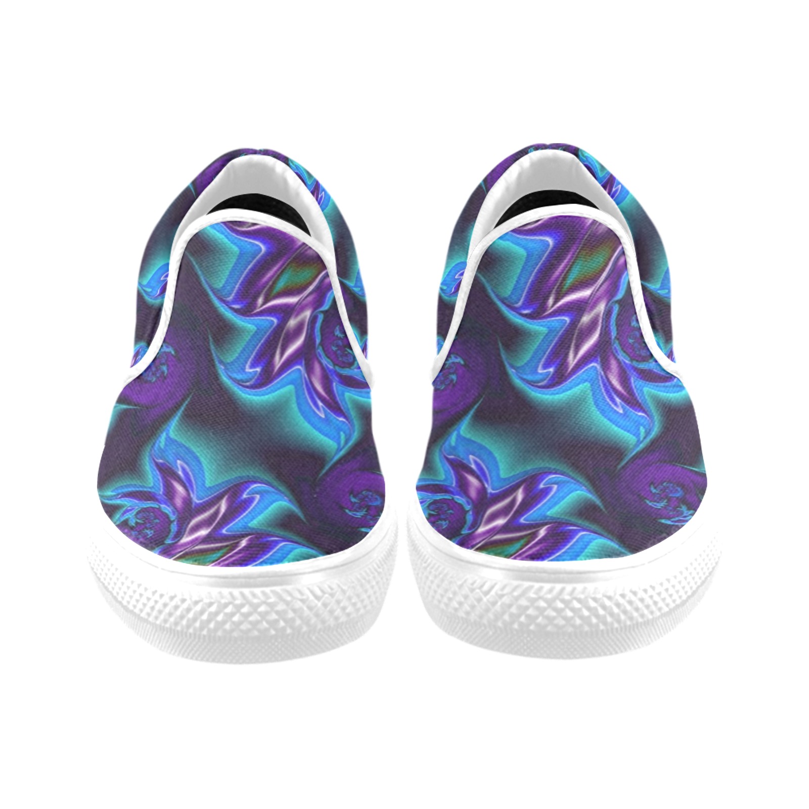 Aqua Blue and Purple Flowers Fractal Abstract Women's Unusual Slip-on Canvas Shoes (Model 019)