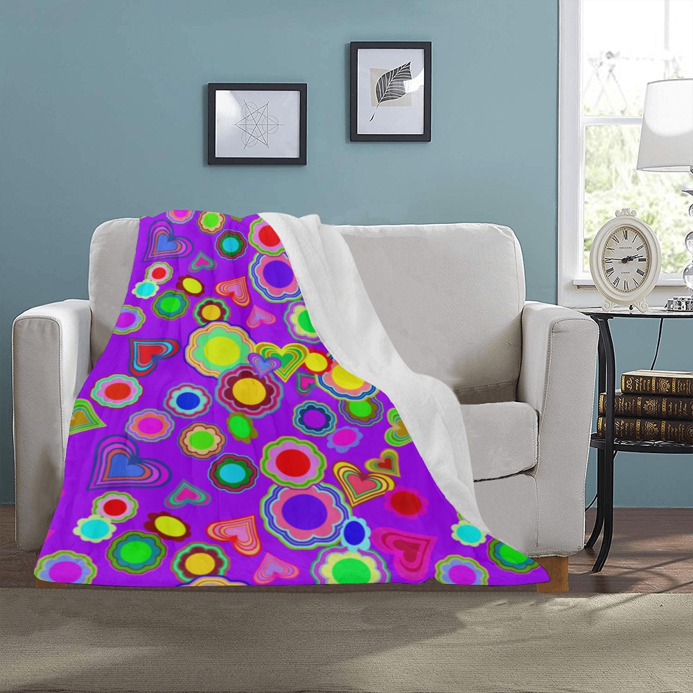 Groovy Hearts and Flowers Purple Ultra-Soft Micro Fleece Blanket 30''x40''