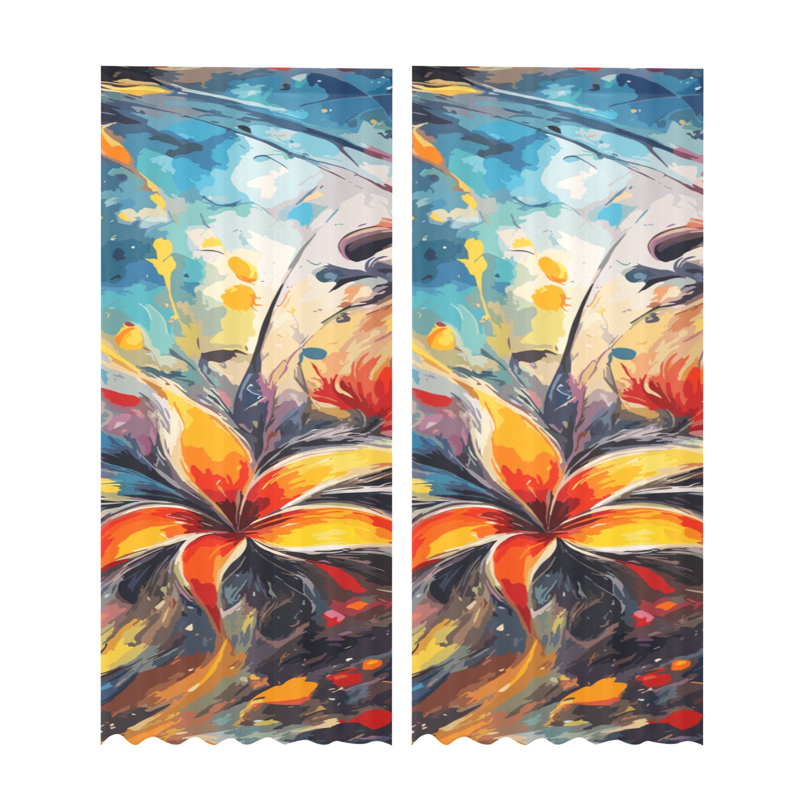 Fantastic orange and yellow flowers abstract art. Gauze Curtain 28"x95" (Two-Piece)