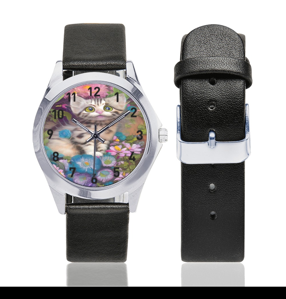 Cute Kittens 10 Unisex Silver-Tone Round Leather Watch (Model 216)