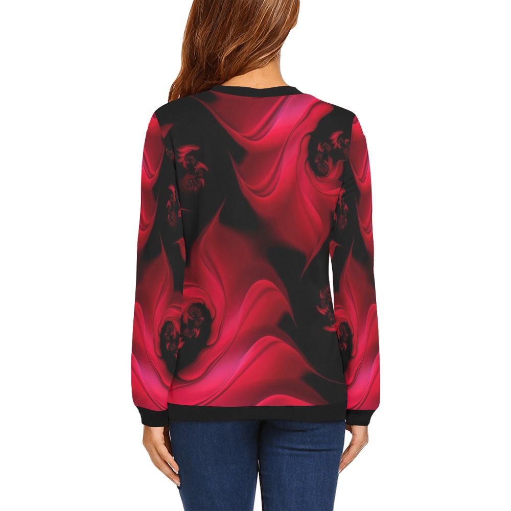 Black and Red Fiery Whirlpools Fractal Abstract All Over Print Crewneck Sweatshirt for Women (Model H18)