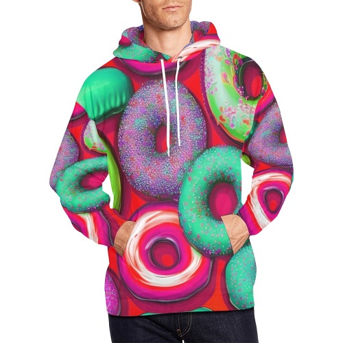Colorful Donuts Red All Over Print Hoodie for Men (USA Size) (Model H13)