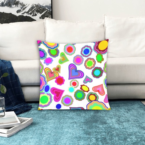 Groovy Hearts Flowers Pattern White Custom Zippered Pillow Cases 20"x20" (Two Sides)