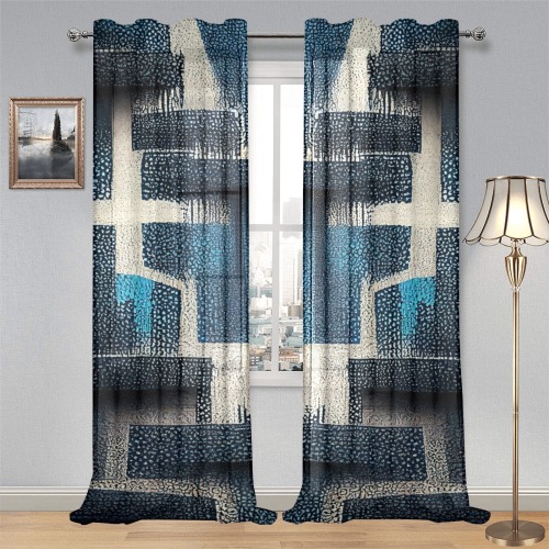 blue, white and black abstract pattern Gauze Curtain 28"x95" (Two-Piece)