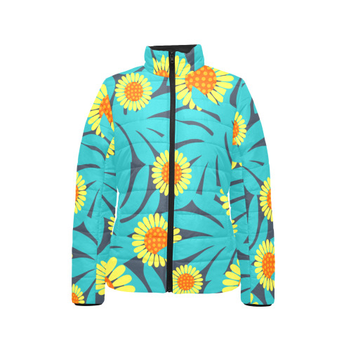 Yellow and Teal Paradise Jungle Flowers and Leaves Women's Stand Collar Padded Jacket (Model H41)