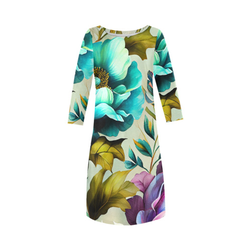 flowers botanic art (3) dress fashion Rhea Loose Round Neck Dress(Model D22)