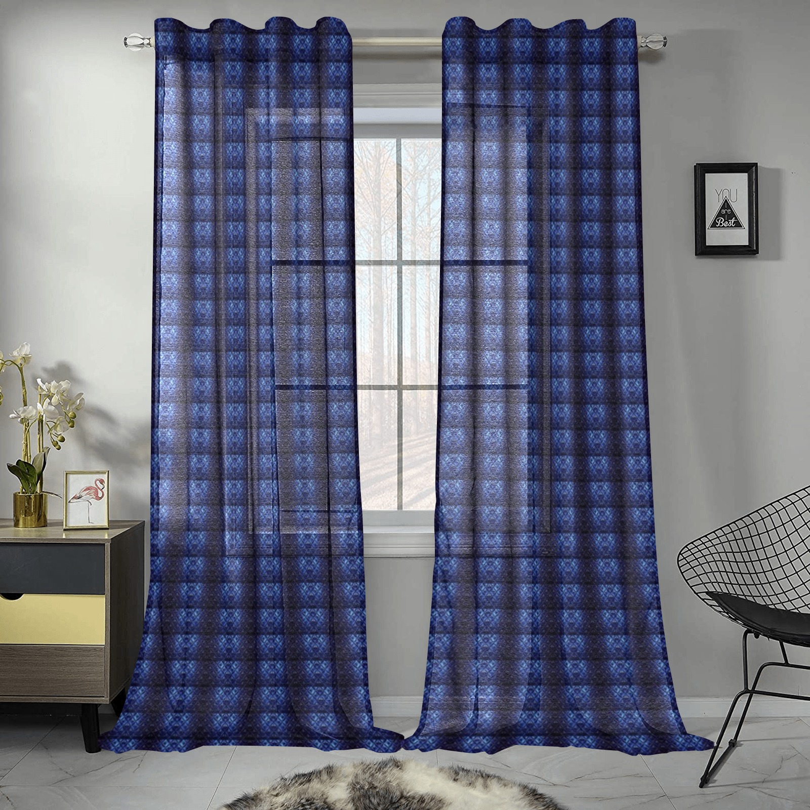 blue pattern 002 repeating pattern Gauze Curtain 28"x95" (Two-Piece)