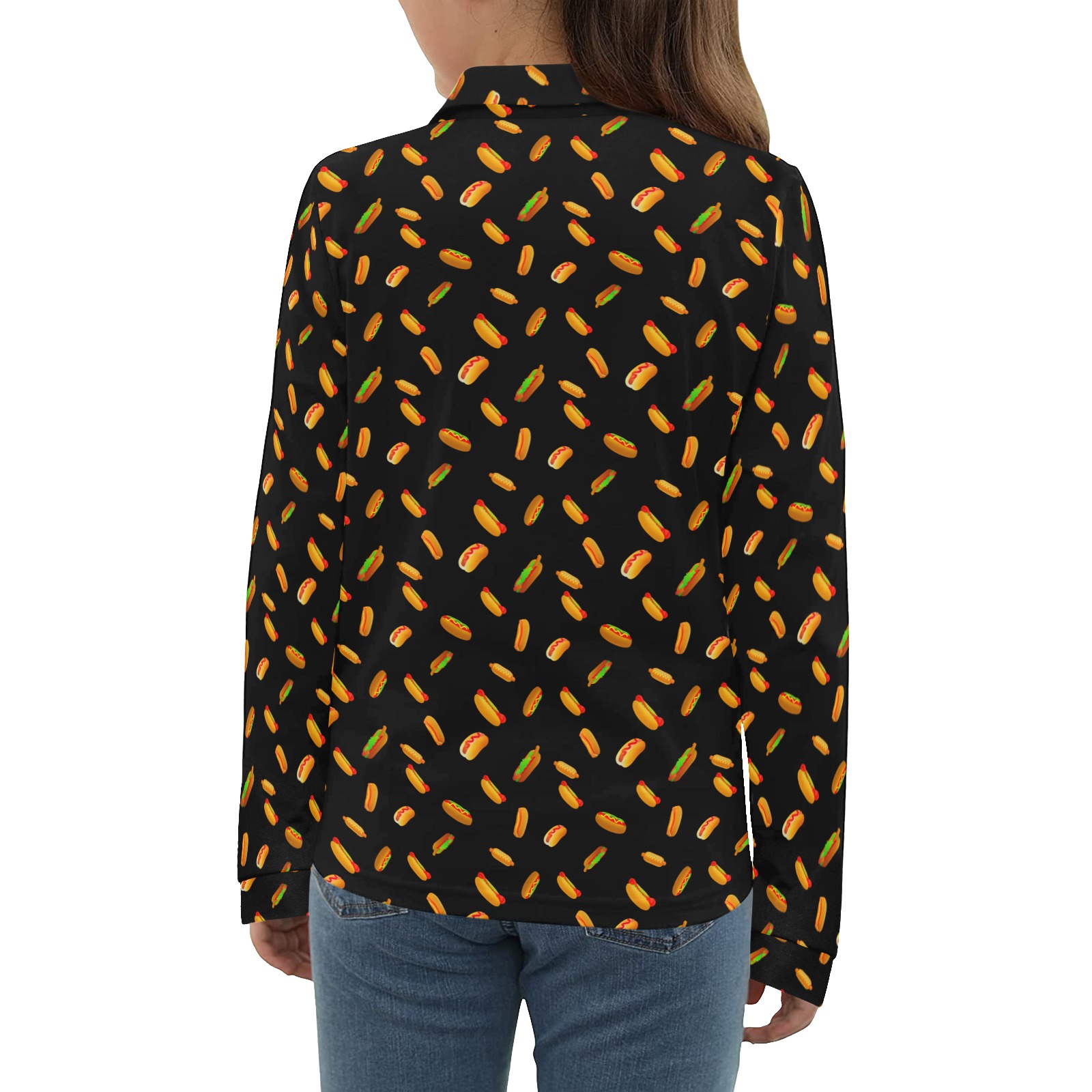 Hot Dog Pattern on Black Big Girls' All Over Print Long Sleeve Polo Shirt (Model T73)