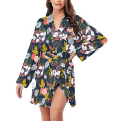 Dark flowering poppies Women's Long Sleeve Belted Night Robe