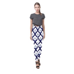 Dark Blue and White Floral Motif Cassandra Women's Leggings (Model L01)