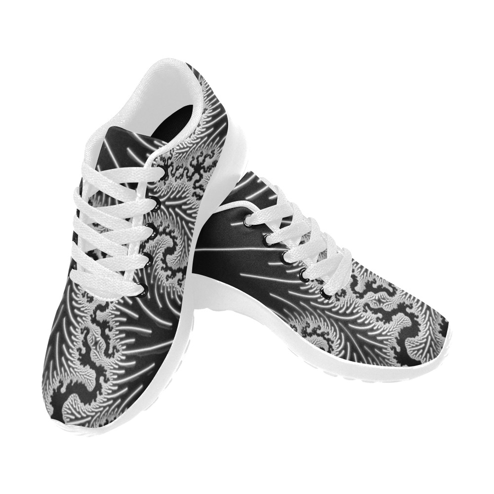 White and Silver Lace on Black Fractal Abstract Women’s Running Shoes (Model 020)