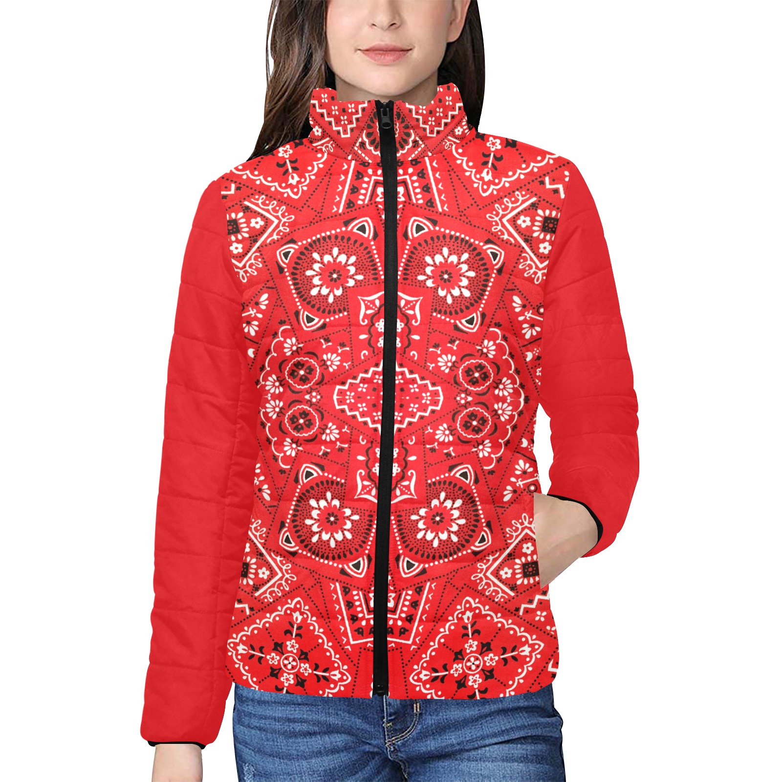 Red Bandana Squares / Red Women's Stand Collar Padded Jacket (Model H41)