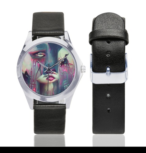 disturbia_TradingCard Unisex Silver-Tone Round Leather Watch (Model 216)