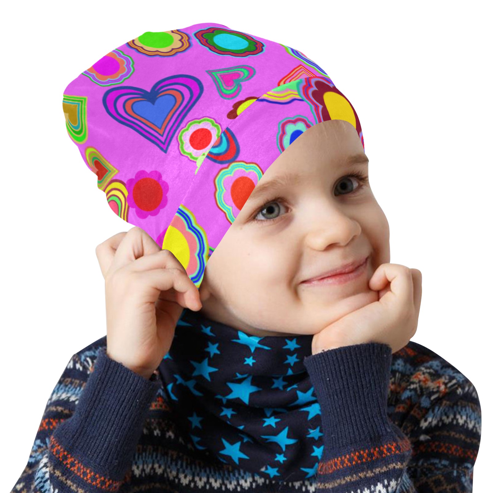 Groovy Hearts and Flowers Pink All Over Print Beanie for Kids