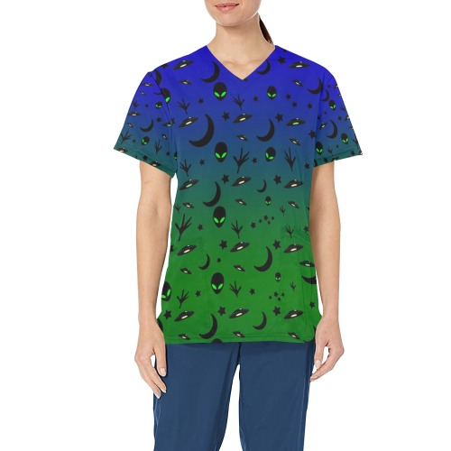 Aliens and Spaceships - Blue / Green All Over Print Scrub Top