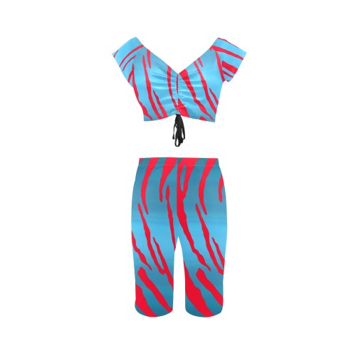 Metallic Tiger Stripes Blue Red Women's Crop Top Yoga Set