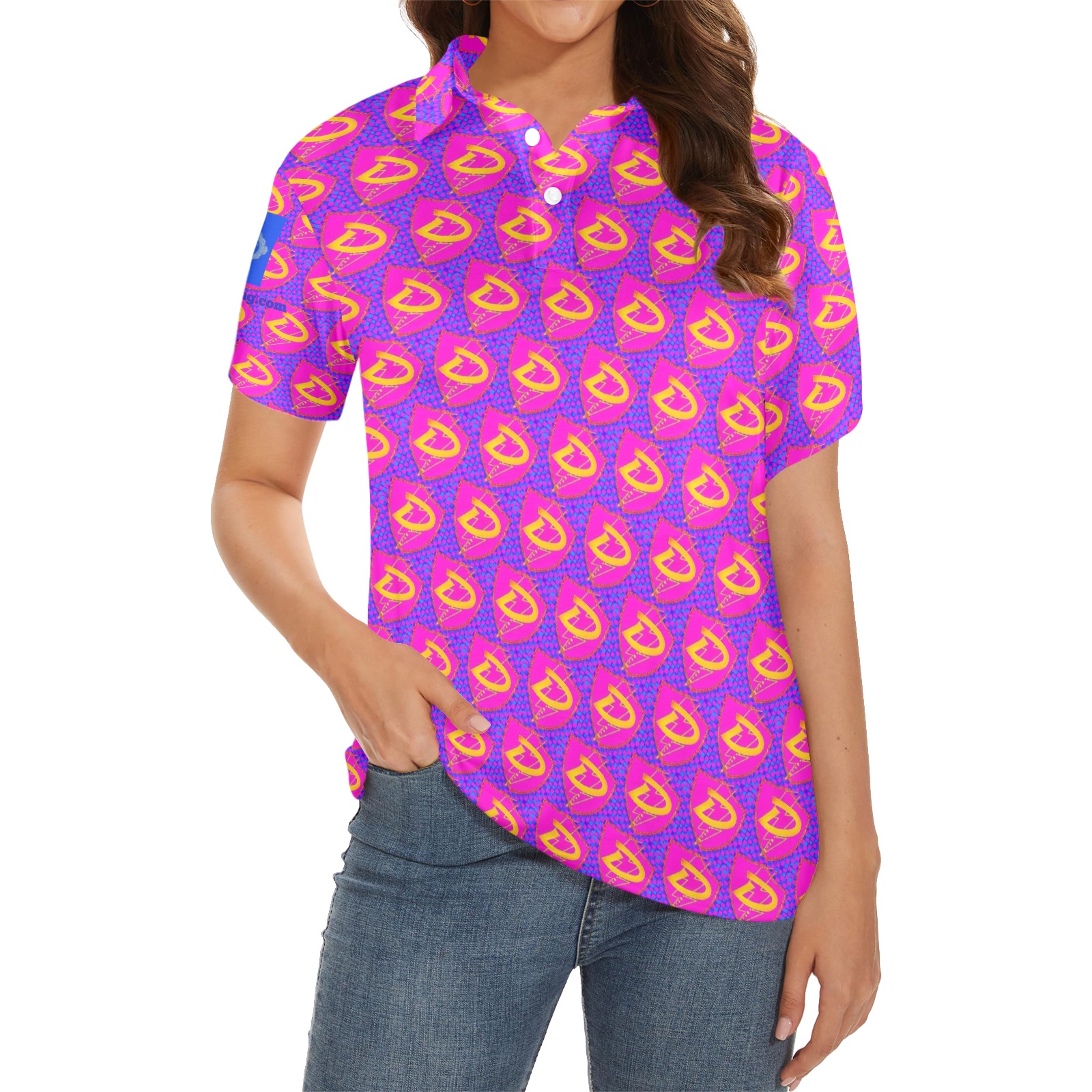 DIONIO Clothing - Ladies' Pink & Blue D-Shield Logo Polo Shirt Women's All Over Print Polo Shirt (Model T55)