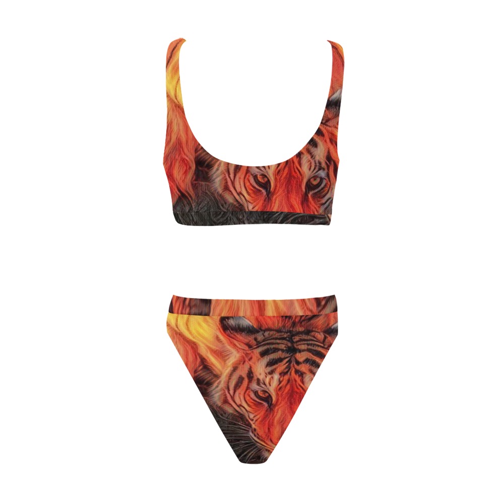 Tiger On Fire Drinking Water Sport Top & High-Waisted Bikini Swimsuit (Model S07)