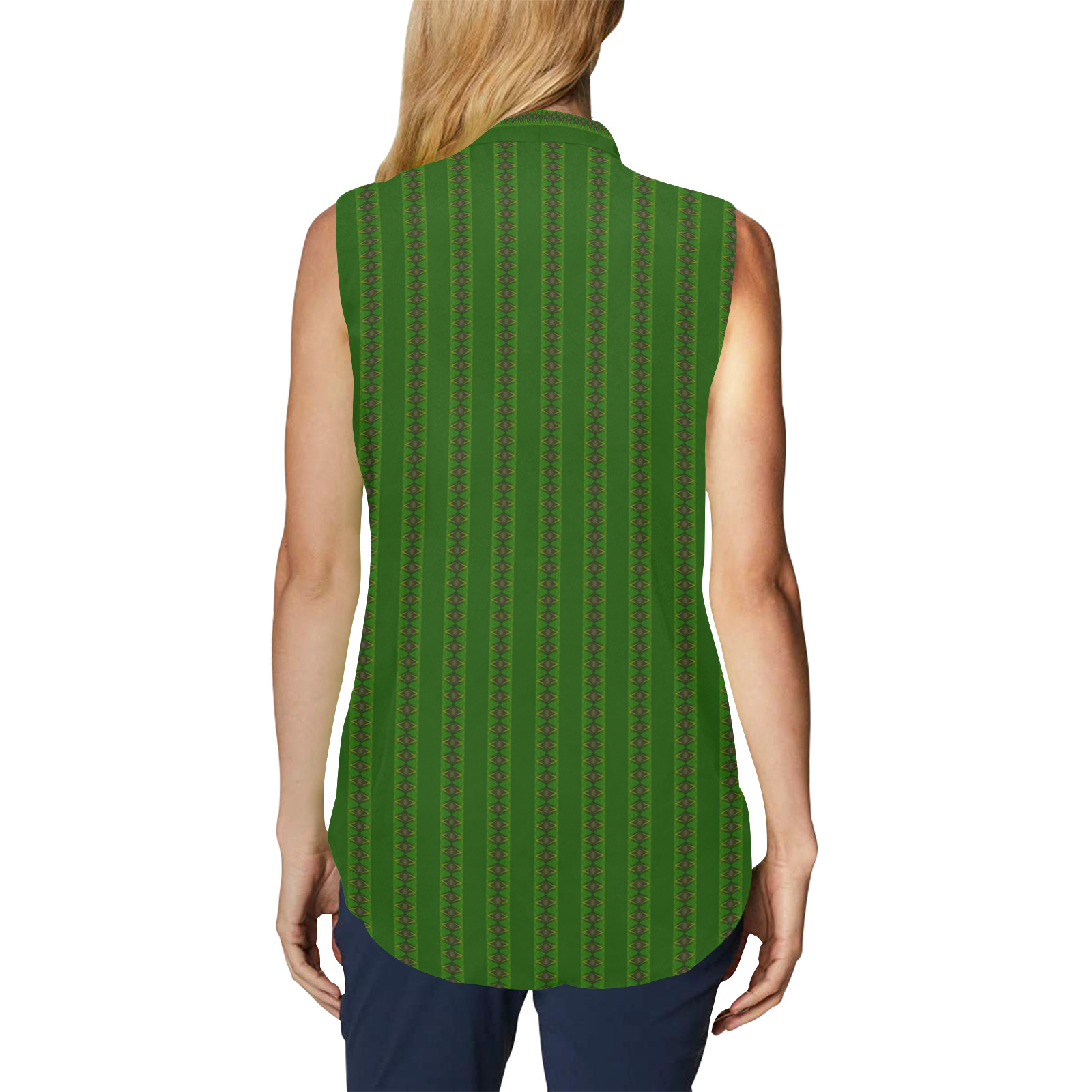 African Diagonal Green Flowers Women's Bow Tie V-Neck Sleeveless Shirt (Model T69)